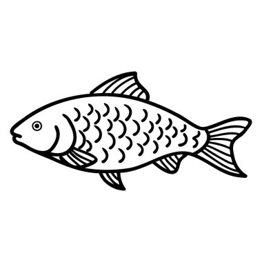 Pullu ve yüzgeçli bir balığın basit bir çizimi. Balıkların yuvarlak bir gövdesi ve minimalist bir şekilde tasvir edilmiş sivri bir kuyruğu vardır..