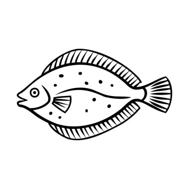 Yuvarlak vücutlu ve belirgin benekli düz bir balığın basit bir siyah beyaz çizimi. Balıklar farklı yönlere yönelmiş, eşsiz şekillerini sergiliyorlar..