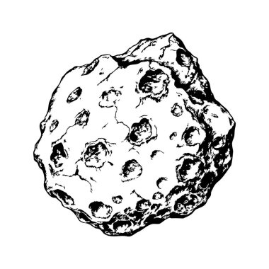 Kaba, düzensiz şekilli yüzeyli ve gözle görülür kırışıklıkları olan bir kayanın detaylı bir çizimi. Kaya doğal ve işlenmemiş görünüyor..