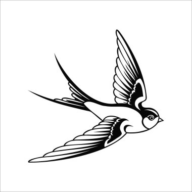 Uçan bir kırlangıç kuşunun stilize edilmiş siyah beyaz çizimi. Kuşun uzun kanatları ve zarif uçuşunu gösteren belirgin bir kuyruğu vardır..