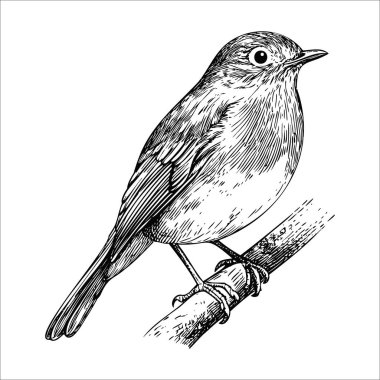 Bir dala tünemiş küçük bir kuşun ayrıntılı bir çizimi. Kuşun yuvarlak bir gövdesi, kısa bir kuyruğu ve doğal yaşam alanını gösteren belirgin özellikleri vardır..