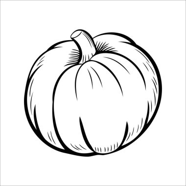 Yuvarlak şekilli ve belirgin çıkıntıları olan bir balkabağının detaylı bir çizimi. Balkabağı basit bir siyah-beyaz tarzıyla tasvir edilir, dokusunu vurgular..