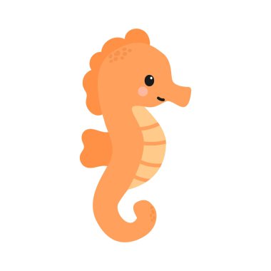 Gülen yüzlü, kıvrık kuyruklu, çizgi film tarzı turuncu bir deniz atı. Deniz atı farklı bir vücut şekline sahiptir ve düz bir arkaplan üzerine kuruludur..