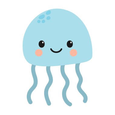 Açık mavi vücutlu ve gülümseyen yüzlü, çizgi film tarzı bir denizanası. Uzun, akışkan dokunaçları ve pembe yanakları var. Basit bir arkaplan üzerine kurulmuş..