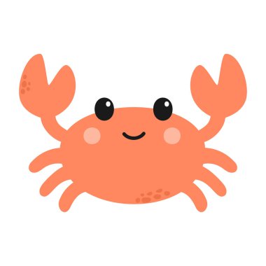 Gülen yüzlü ve turuncu renkli şirin bir yengeç. İki büyük pençesi ve yuvarlak siyah gözleri var, basit beyaz bir arkaplan üzerine kurulmuş..