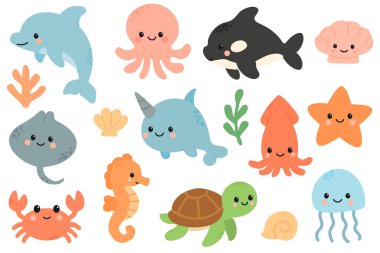 Bir yunus, ahtapot, deniz gergedanı, yengeç, deniz atı, kaplumbağa, denizanası ve deniz yıldızı da dahil olmak üzere bir sürü sevimli deniz hayvanı..