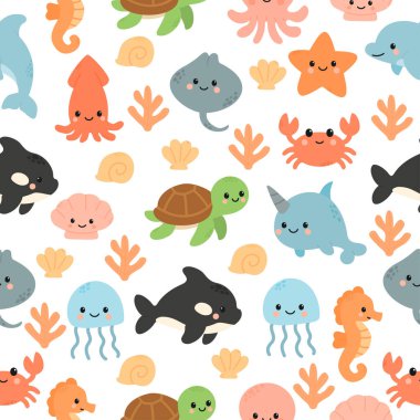Yunuslar, kaplumbağalar, denizanaları, ahtapotlar ve deniz yıldızları da dahil olmak üzere mercan ve deniz kabuklarıyla çevrili sevimli deniz hayvanlarının renkli bir deseni..