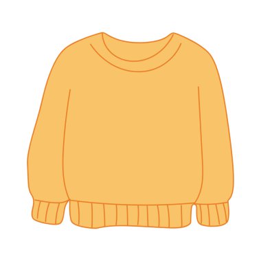 Samimi, büyük boy turuncu bir kazağın basit bir çizimi. Kazakta yuvarlak bir yaka, tırtıklı kelepçe ve etek var. Günlük kıyafet için mükemmel..