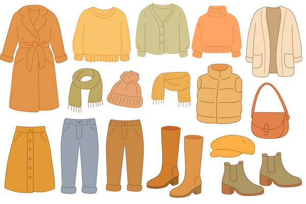 A collection of autumn clothing items including sweaters, coats, scarves, and boots in warm colors like orange, yellow, and beige. Suitable for fall fashion.