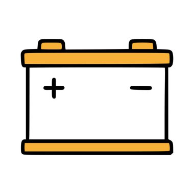 Olumlu ve negatif uçlu bir araba aküsünün basit bir çizimi. Pil, kalın hatları ve parlak renkleriyle bir çizgi film tarzında tasvir edilir..