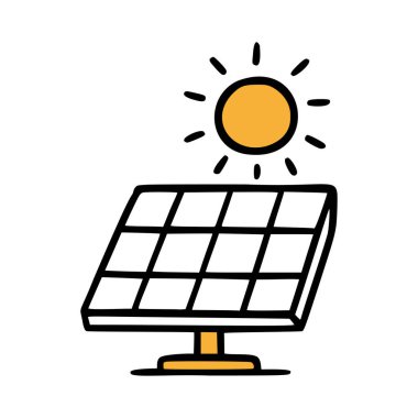 Üzerinde güneş ikonu olan bir güneş paneli. Tasarım, yenilenebilir enerji ve sürdürülebilirlik kavramlarını temsil eden basit ve illüstrasyoneldir..