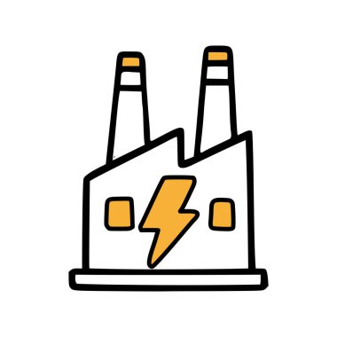 İki bacası ve yıldırım sembolü olan bir fabrikanın basit bir çizimi. Tasarım minimalist ve renkli, enerji üretimini temsil ediyor..