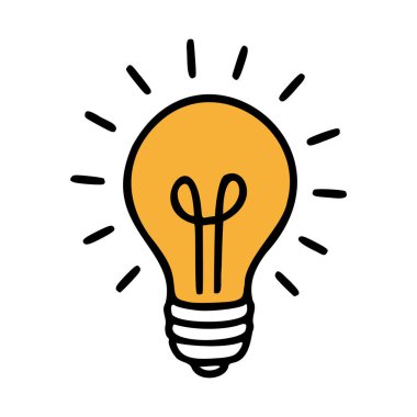 Bir ampulün, içinden ışınların çıktığı basit bir çizimi. Ampul, fikirleri ve yeniliği sembolize eden klasik bir tasarım ile sarıdır..