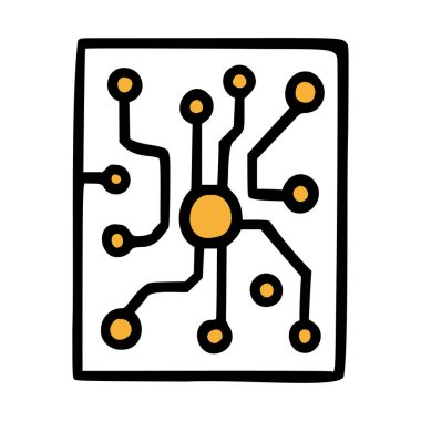 Birbirine bağlı çizgiler ve düğümlerle bir devre kartının basit bir çizimi. Tasarım, dışa doğru yayılan siyah çizgileri olan merkezi bir turuncu daireye sahiptir..