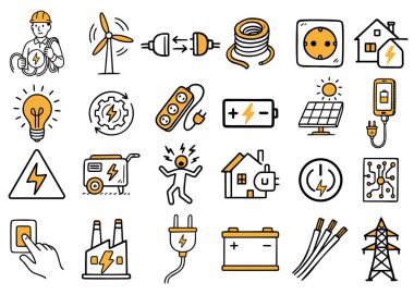 Rüzgâr türbinleri, ampuller, güneş panelleri ve elektrik sembolleri de dahil olmak üzere enerjiyle ilgili simgelerden oluşan bir koleksiyon. Resimler yenilenebilir enerji kavramlarını tasvir eder.