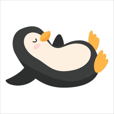 Rahat bir ifadeyle sırt üstü uzanmış sevimli bir penguen çizgi filmi. Penguenin siyah, beyaz karnı, turuncu gagası ve ayakları vardır..