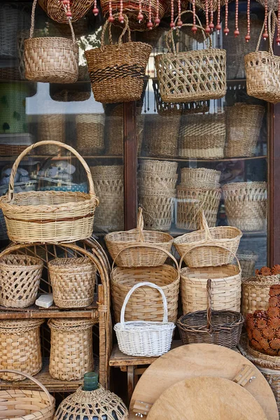 stock image Baskets wickerwork shop. Traditional handcrafted works. Basketry