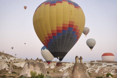 Balloons in rose valley, Cappadocia. Spectacular flight in Goreme. Turkey