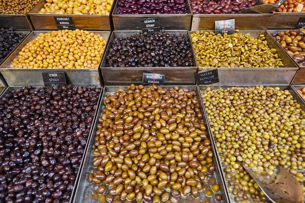Olive market in a turkish market. Healthy mediterranean food. Turkey