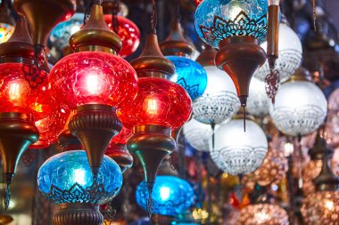 Grand bazaar interior in Istanbul city center. Traditional lantern shop. Turkey     