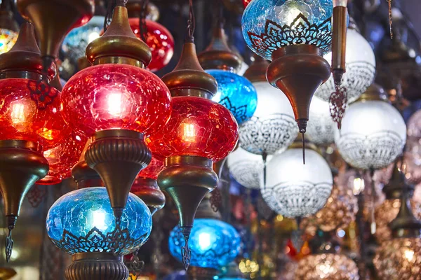 Grand bazaar interior in Istanbul city center. Traditional lantern shop. Turkey     