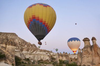 Balloons in rose valley, Cappadocia. Spectacular flight in Goreme. Turkey