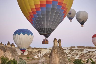 Balloons in rose valley, Cappadocia. Spectacular flight in Goreme. Turkey