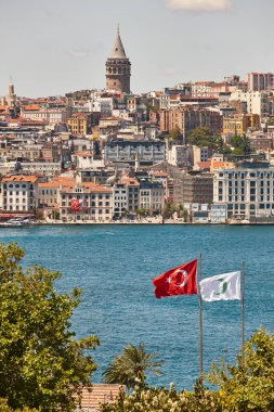 Galata tower and bosphorus strait in Istanbul cityscape. Turkey