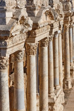 Amphitheatre classic columns in Hierapolis archeology site. Pamukkale, Turkey