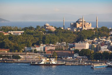 Hagia Sofia mosque in Istambul cityscape. Bosphorus strait. Turkey