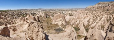 Panoramic view rock formation in Cappadocia. Rose valley. Goreme, Turkey