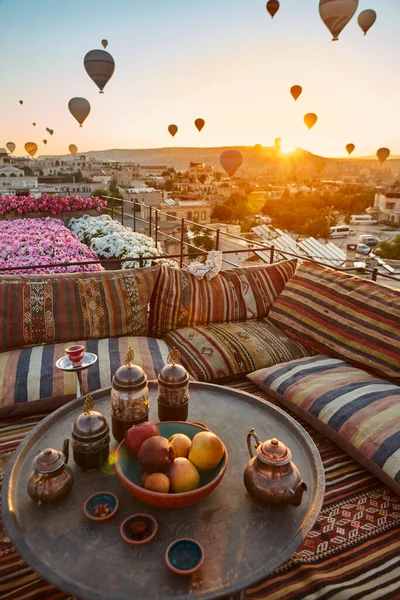 Balloons Rose Valley Cappadocia Colorful Sunrise Goreme Turkey — Stockfoto