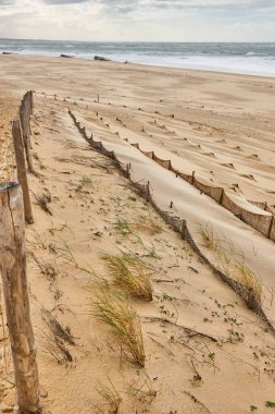 Bunkers in Arcachon bay sand beach. Aquitaine, France 