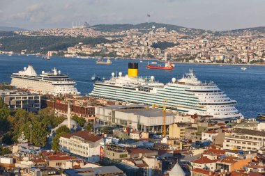 Maritime traffic in Bosphorus strait. Istanbul cityscape landmark. Turkey