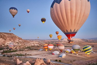 Balloons in rose valley, Cappadocia. Spectacular flight in Goreme. Turkey