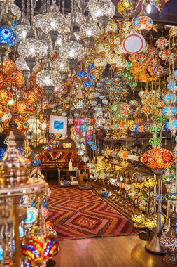 Grand bazaar interior in Istanbul city center. Traditional lantern store. Turkey                  