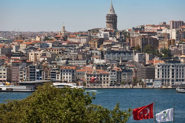 Galata tower and bosphorus strait in Istanbul cityscape. Turkey
