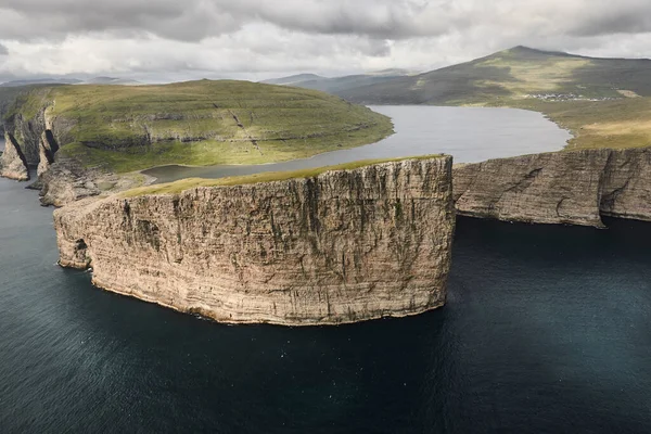 Faroe Islands Dramatic Coastline Vagar Helicopter Leitisvatn Lake — Stock Photo, Image