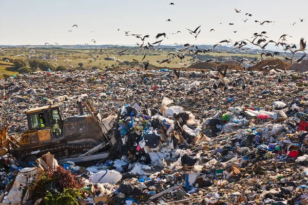 Heavy Machinery Shredding Garbage Open Air Landfill Waste — Stockfoto