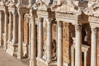 Amphitheatre classic columns in Hierapolis archeology site. Pamukkale, Turkey
