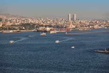 Maritime traffic in Bosphorus strait. Istanbul cityscape landmark. Turkey