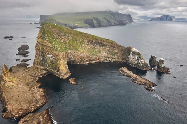 Mykines Lighthouse Cliffs Faroe Islands Helicopter Denmark — Stock Photo, Image