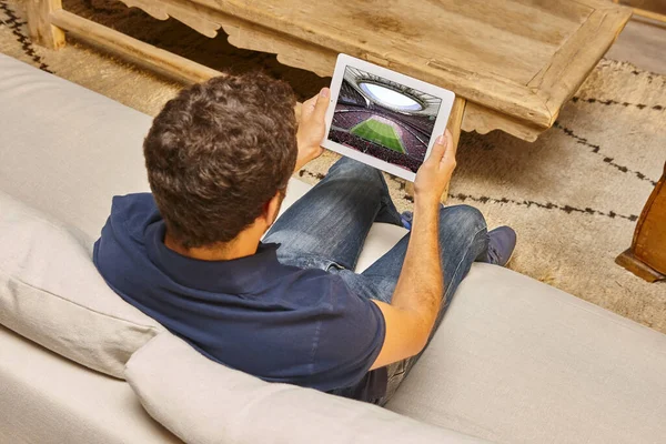 Young Man Watching Football Game Tablet Sports — Stock Photo, Image