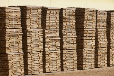 Kesilmiş ve istiflenmiş odun parçaları. Sanayi bıçkıhanesi. Ahşap üretim