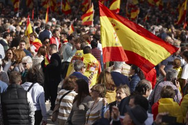 Bir sürü insan. İspanya 'da İspanyol bayraklarıyla gösteri. Protesto