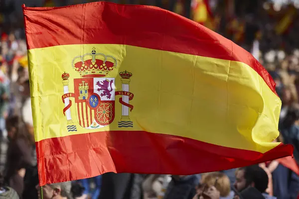 Spanish flag waving. Demonstration in Spain. Spanish emblem