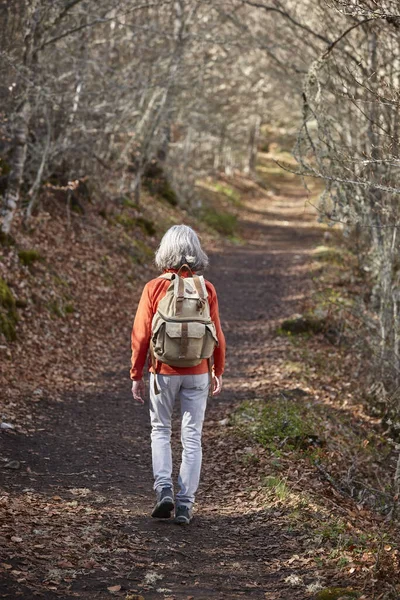 Woman walking in the woods. Healthy lifestyle. Trekking and hikking