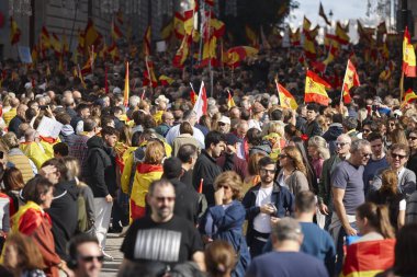 Bir sürü insan. İspanya 'da İspanyol bayraklarıyla gösteri. Protesto