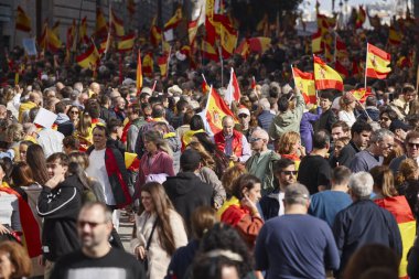 Bir sürü insan. İspanya 'da İspanyol bayraklarıyla gösteri. Protesto