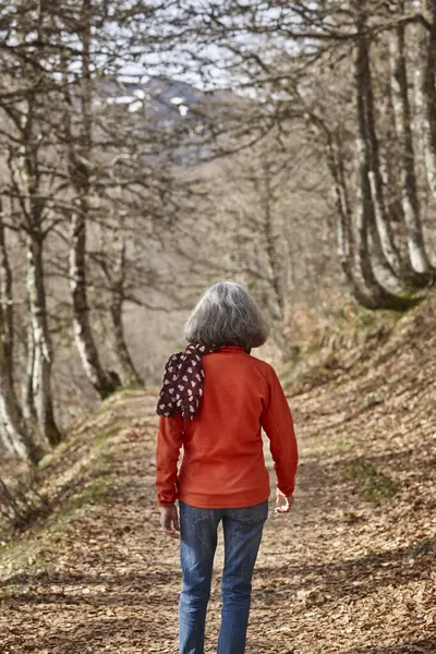 Woman walking in the woods. Healthy lifestyle. Trekking and hiking